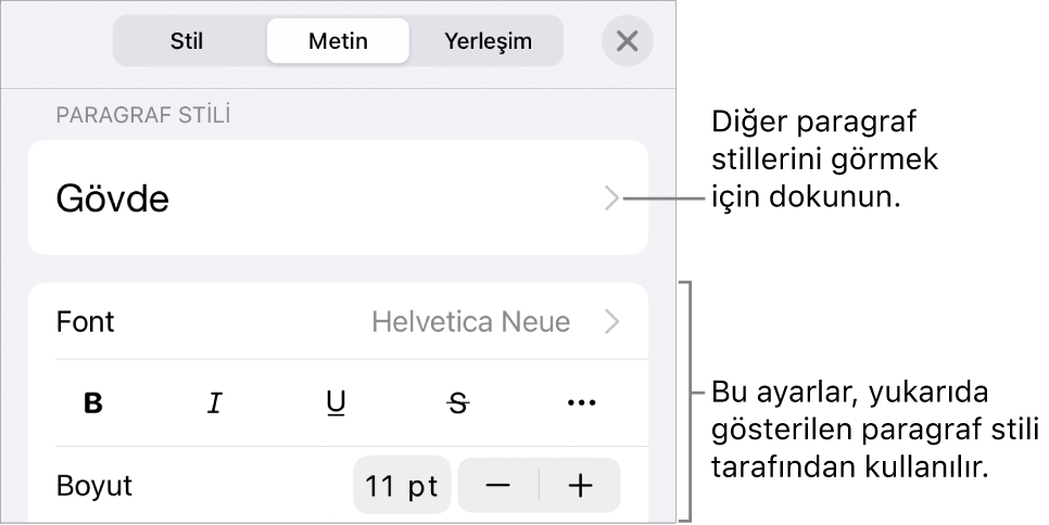 Paragraf ve karakter stillerini, fontu, puntoyu ve rengi ayarlamayla ilgili metin denetimlerini gösteren Biçim menüsü.