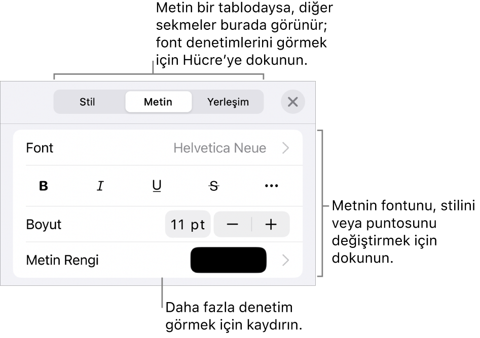 Paragraf ve karakter stillerini, fontunu, boyutunu ve rengini ayarlamak için Biçim menüsündeki metin kontrolleri.