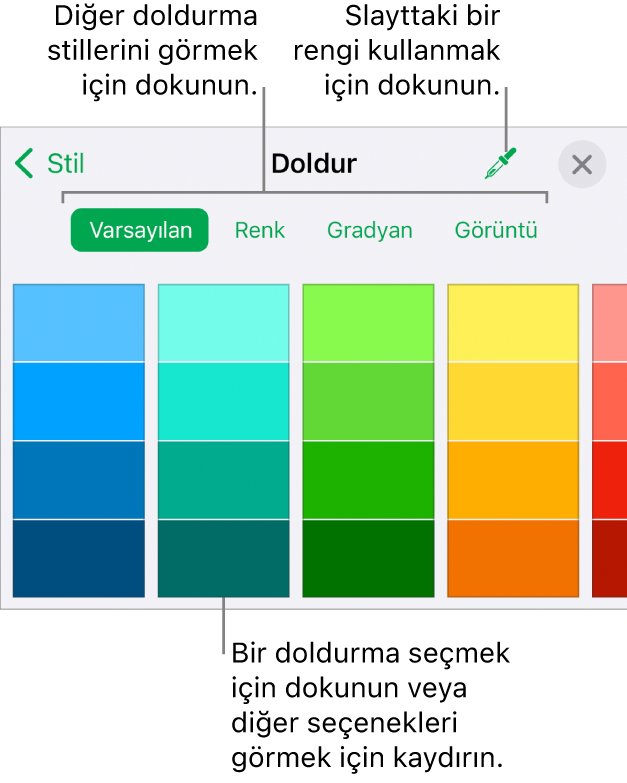 Biçim düğmesinin Stil sekmesindeki Doldur seçenekleri.