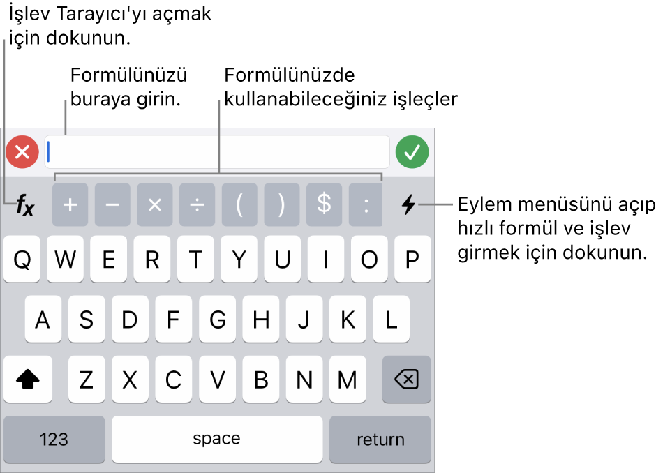 En üstte Formül Düzenleyici ile birlikte formül klavyesi ve onun altında formüllerde kullanılan işleçler. İşlev Tarayıcı’yı açmak için kullanılan İşlevler düğmesi işleçlerin solunda, Eylem menüsü düğmesi ise sağda.