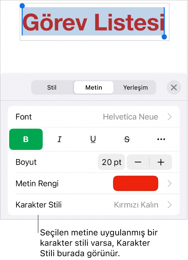 Renk denetimlerinin altında Karakter Stili ile Metin biçimleme denetimleri. Karakter stili olarak yanında yıldızla Yok görünüyor.