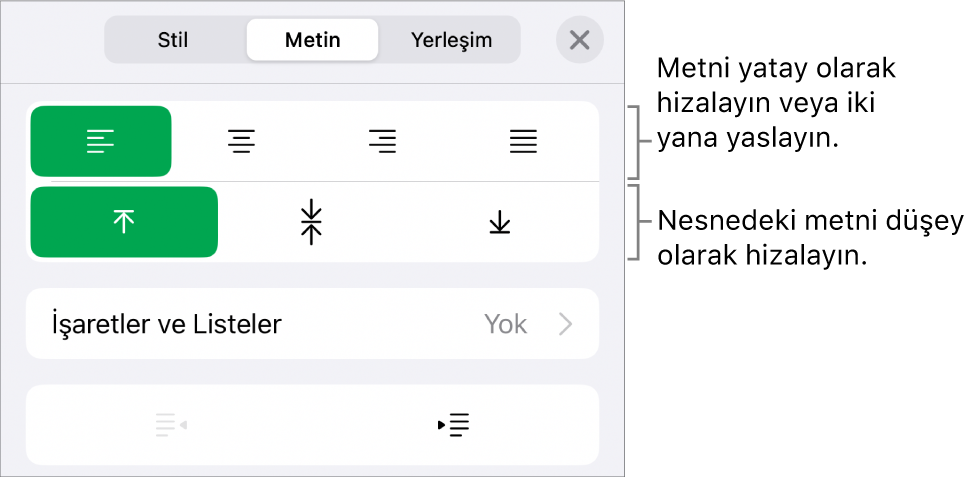 Metin hizalama ve aralık düğmelerine belirtimler gösteren Biçim Denetçisi'nin Hizalama bölümü.