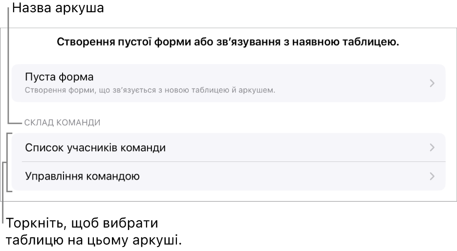 Перелік наявних таблиць в е‑таблиці та опція для створення чистої форми вгорі.