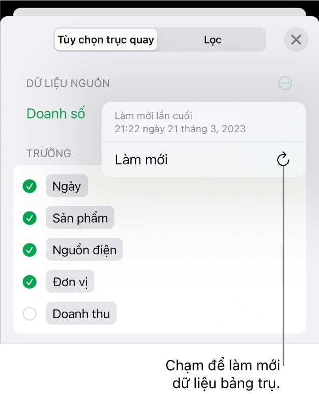 Menu Tùy chọn trục quay đang hiển thị tùy chọn làm mới bảng trụ.