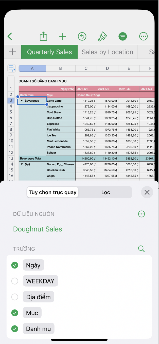 Bảng tính có các điều khiển Tùy chọn trục quay và Lọc ở cuối màn hình.