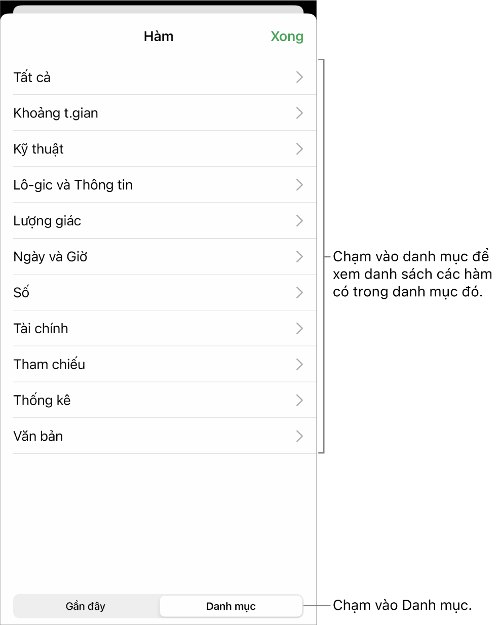 Trình duyệt hàm với nút Danh mục được chọn và danh sách các danh mục ở bên dưới.
