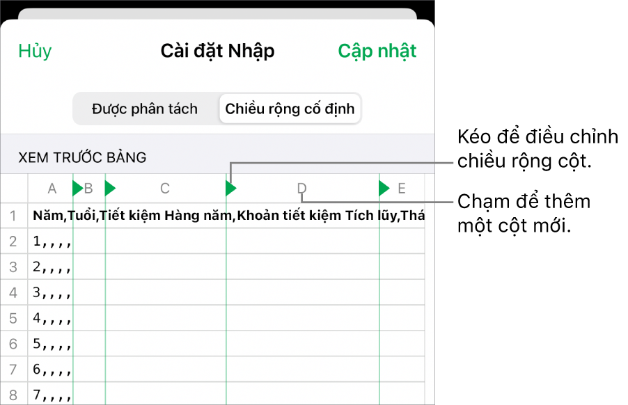 Cài đặt nhập cho tệp văn bản chiều rộng cố định.