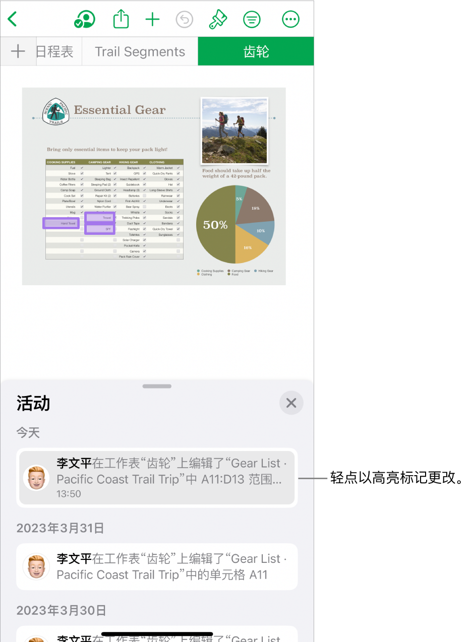协作菜单和活动列表都已打开的协作电子表格。