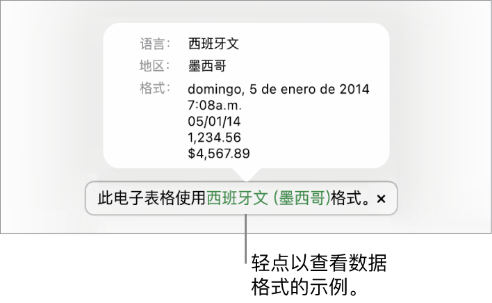 不同语言和地区设置的通知,显示该语言和地区的格式示例。