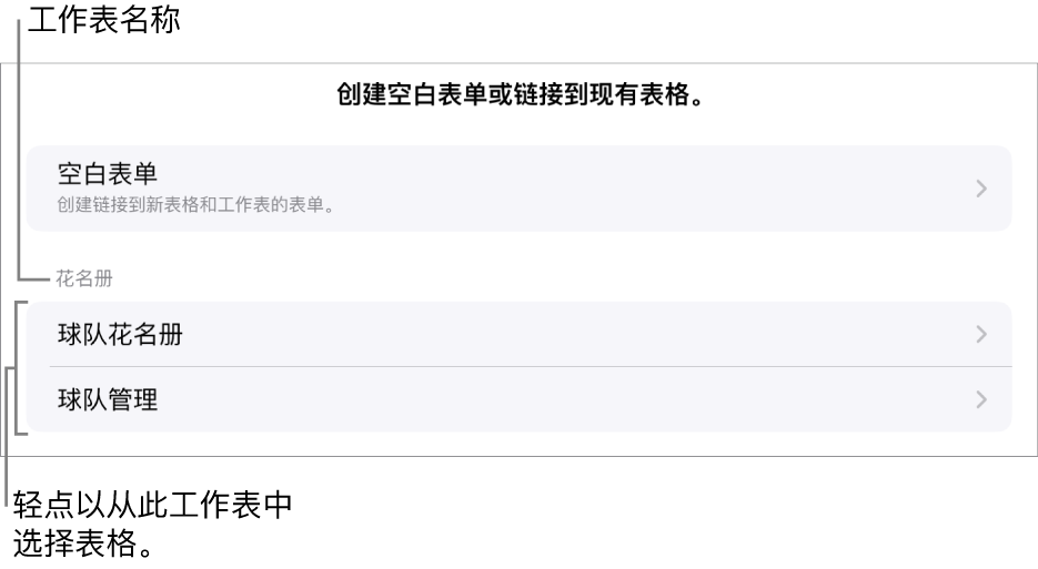 位于同一个电子表格中的表格列表,顶部的选项用于创建空白表单。