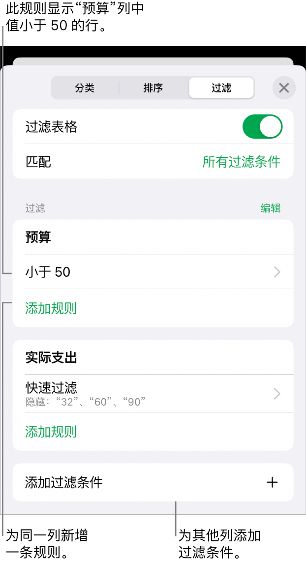 用于添加新过滤规则或编辑现有过滤规则的控制。