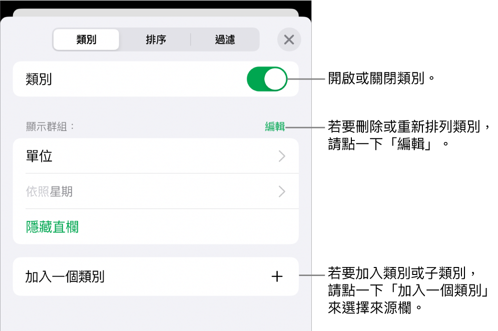 iPhone 版的「類別」選單包含以下選項:關閉類別、刪除類別、重新分類資料、隱藏來源欄和加入類別。