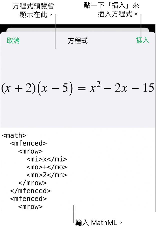 「方程式」對話框，顯示使用 MathML 指令寫入的方程式，上方是公式的預覽。