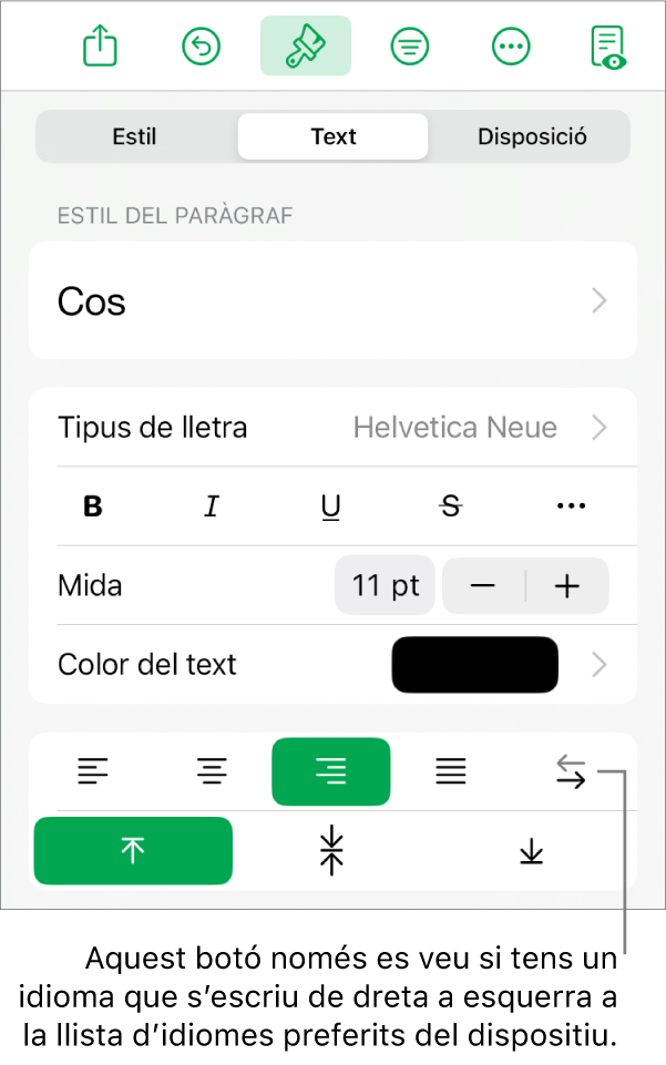 La secció Estil del menú Format, amb una llegenda per al botó “De dreta a esquerra”.