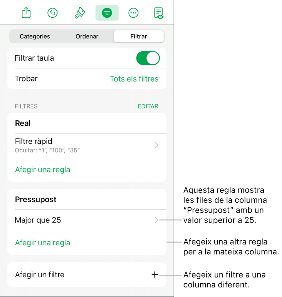 Controls per afegir noves regles de filtre o editar les regles existents.