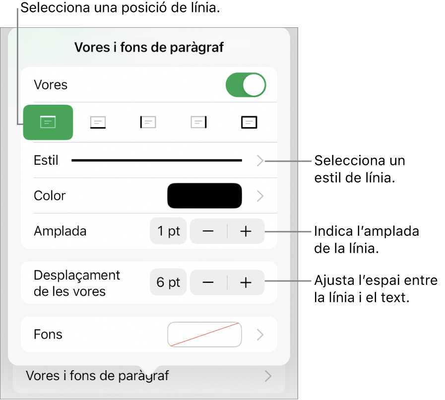 Controls per canviar l’estil, el gruix, la posició i el color de la línia.