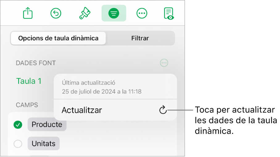 Menú “Opcions de taula dinàmica” que mostra l’opció per actualitzar la taula dinàmica.