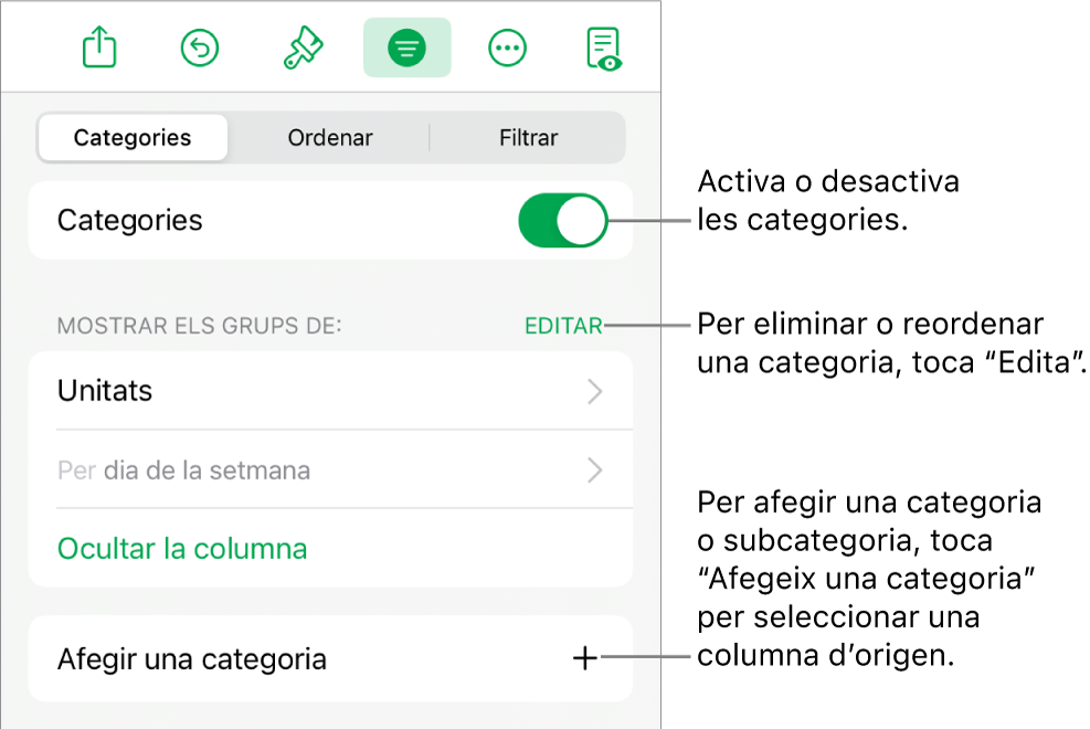 Menú Categories de l’iPad amb opcions per desactivar categories, eliminar categories, agrupar dades, ocultar la columna d’origen i afegir categories.