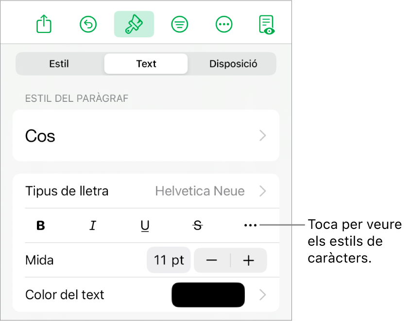 Els controls de Format amb estils de paràgraf a la part superior i, després, els controls de “Tipus de lletra”. A sota de “Tipus de lletra” hi ha els botons Negreta, Cursiva, Subratllat, Ratllat i “Més opcions de text”.