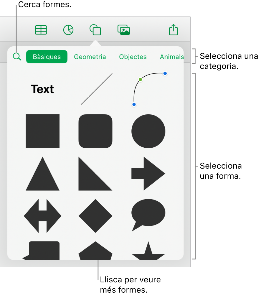 La biblioteca de formes, amb categories a la part superior i les formes a sota. Pots utilitzar el camp de cerca situat a la part superior per trobar formes i passar el dit per veure’n més.