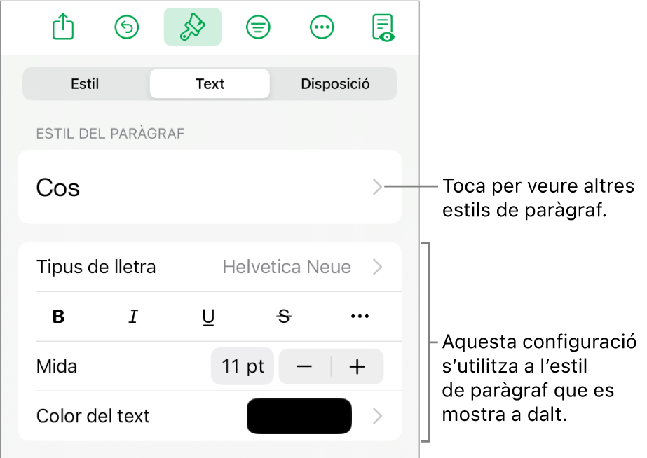El menú Format amb els controls de text per definir els estils de paràgraf i de caràcter, el tipus de lletra, la mida i el color.