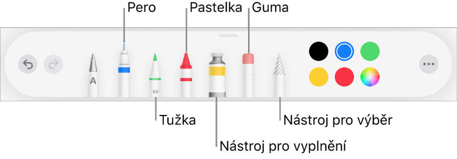 Panel nástrojů pro kreslení obsahující pero, tužku, pastel, nástroj výplň, nástroj pro výběr, gumu a výběr barev, který zobrazuje aktuální barvu. Úplně napravo se nachází tlačítko nabídky Více