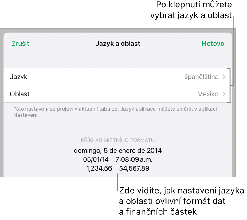 Panel Jazyk a oblast obsahující ovládací prvky pro jazyk a oblast a ukázku formátu, včetně data, času, desetinného oddělovače a měny.