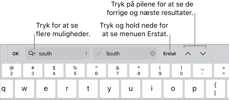 Betjeningsmulighederne til Find & erstat over tastaturet med billedforklaringer til knapperne Søgeindstillinger, Erstat, Gå op og Gå ned.