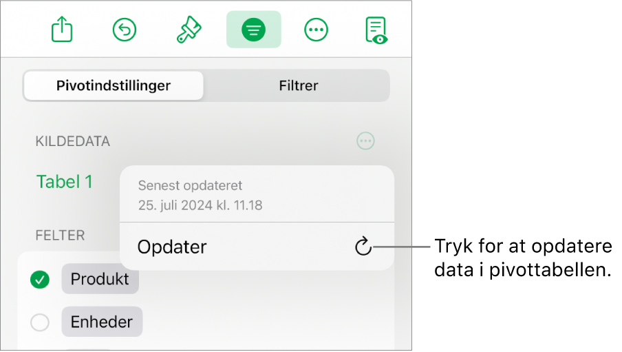 Menuen Pivotindstillinger, der viser muligheden for opdatering af pivottabellen.