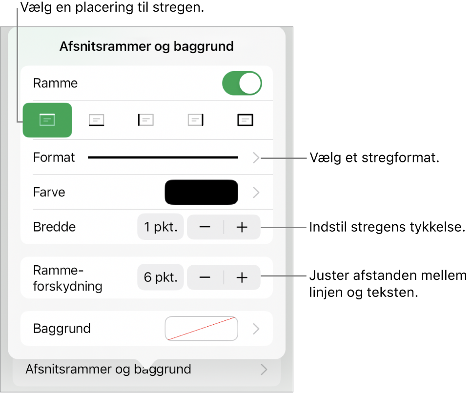 Betjeningsmuligheder til ændring af stregformat, tykkelse, position og farve.