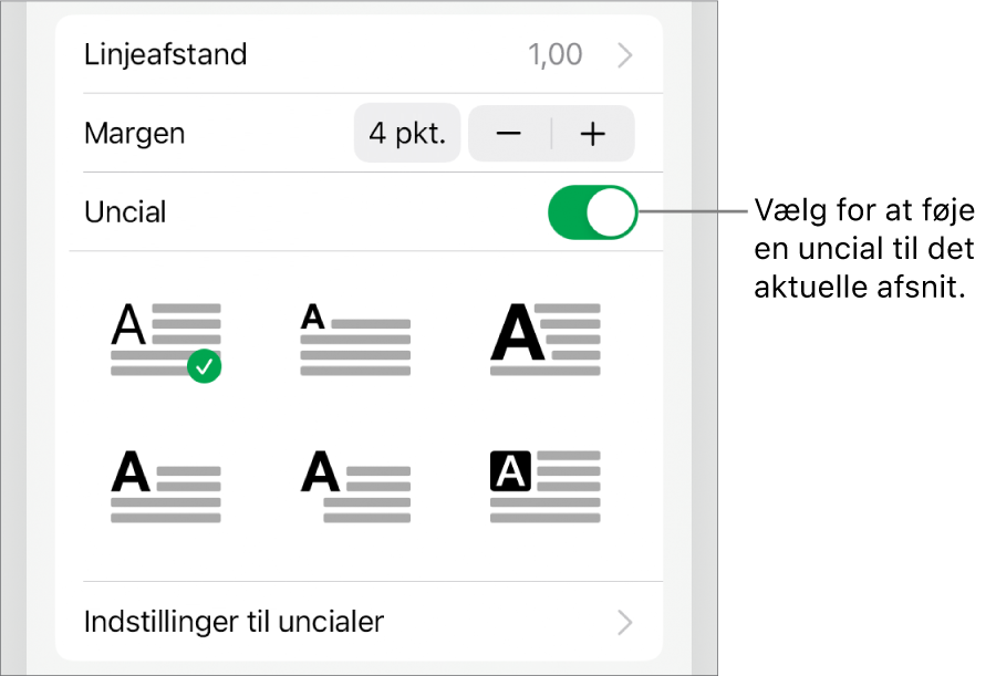 Betjeningsmulighederne til Uncial placeret i menuen Tekst.