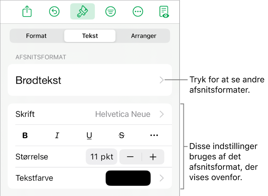 Menuen Format, der viser betjeningsmuligheder til tekst til indstilling af afsnits- og tegnformater, skrift, størrelse og farve.