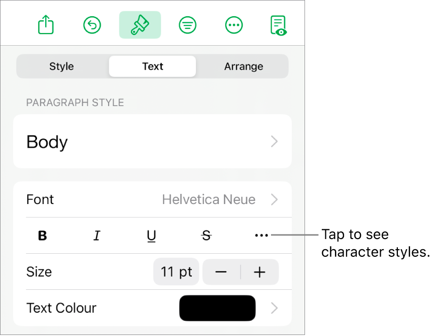 The Format controls with paragraph styles at the top, then Font controls. Below Font are the Bold, Italic, Underline, Strikethrough and More Text Options buttons.