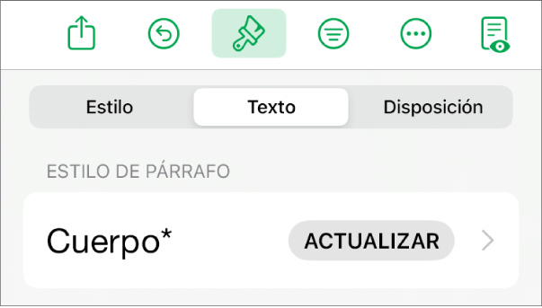 Un estilo de párrafo con un asterisco junto a él y un botón Actualizar a la derecha.