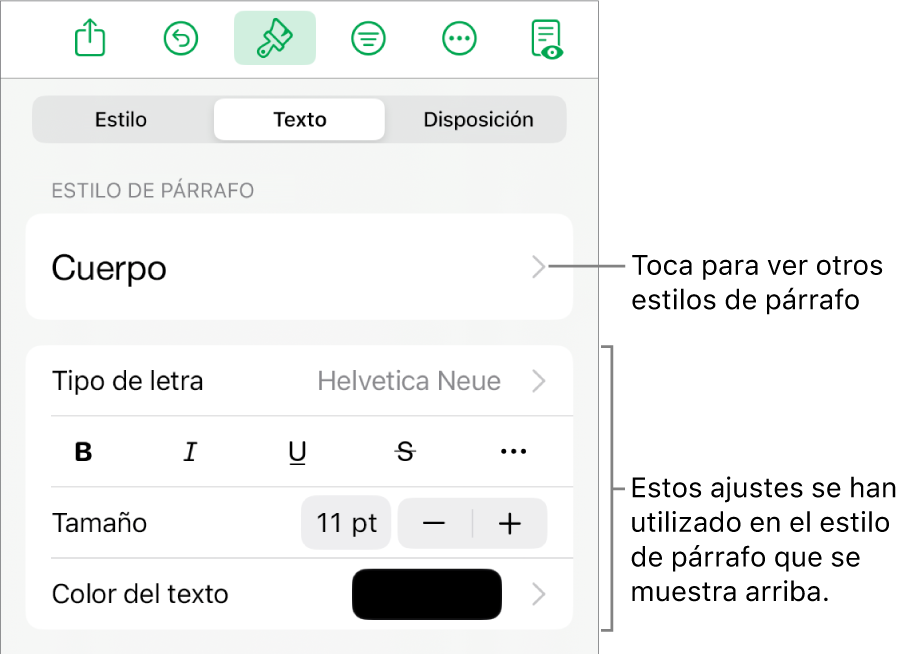 El menú Formato, que muestra controles de texto para configurar los estilos de párrafo y carácter, tipo de letra, tamaño y color.
