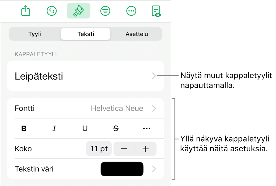 Muoto-valikko, jossa on tekstisäätimet kappale- ja merkkityylien, fontin, koon ja värin valitsemista varten.