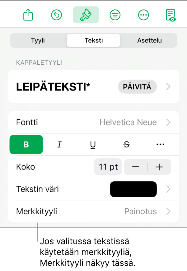 Tekstin muotoilusäätimet, joissa Merkkityyli on värisäätimien alla. Merkkityylissä Ei mitään on tähtimerkki.