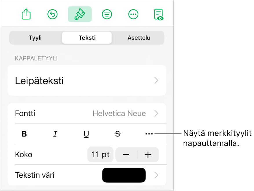 Muoto-säätimet, joiden yläreunassa on kappaletyylit, ja Fontti-säätimet. Fontin alla on seuraavat painikkeet: Lihavointi, Kursivointi, Alleviivaus, Yliviivaus ja Lisää tekstivalintoja.