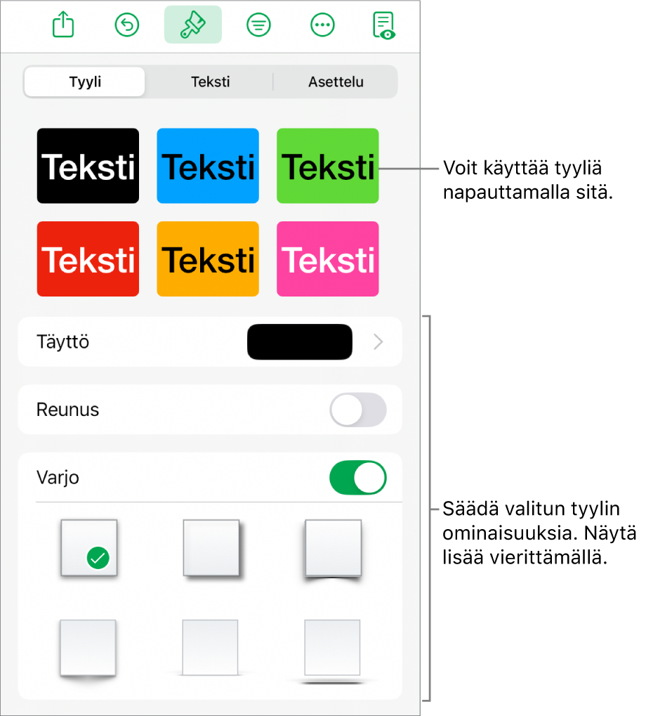 Muoto-valikon Tyyli-välilehti, jossa on ylhäällä kuviotyylejä ja niiden alla säätimiä, joilla muutetaan täyttöä, reunoja ja varjoa.