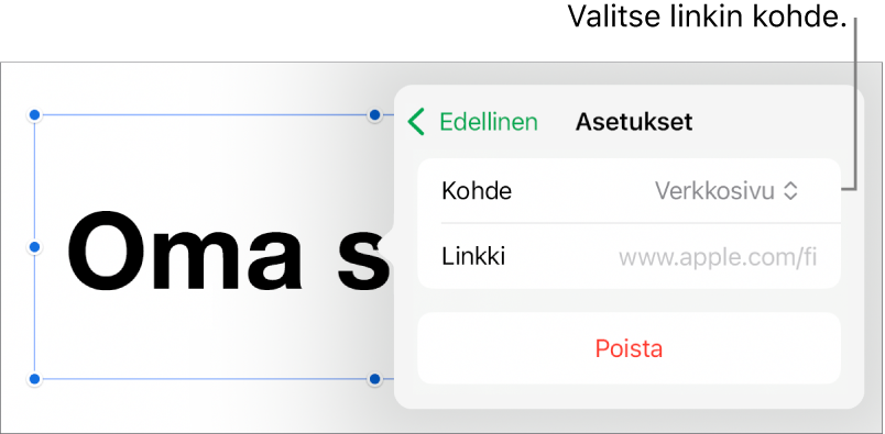 Linkkiasetukset-säätimet, joissa on valittuna Verkkosivu ja alhaalla on painike Poista.