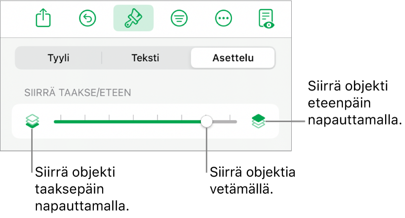 Siirrä taakse -painike, Siirrä eteen -painike ja kerrosliukusäädin.
