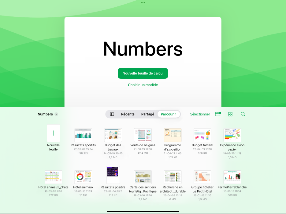 Le gestionnaire de documents Numbers présente des boutons pour créer une nouvelle feuille de calcul ou choisir un modèle en haut de l’écran et des commandes pour ouvrir les feuilles de calcul enregistrées au bas de l’écran.