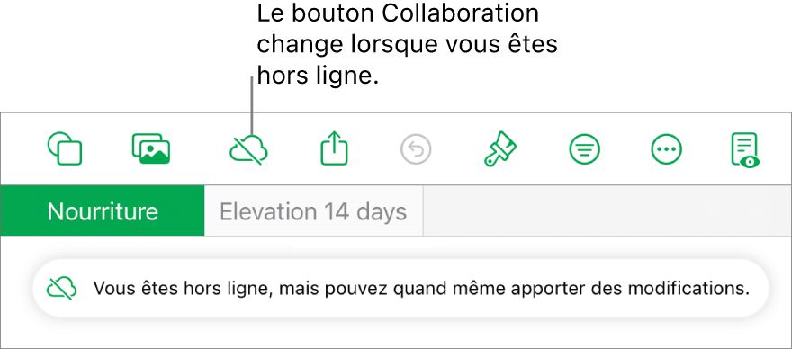 Les boutons en haut de l’écran, avec le bouton Collaboration qui se transforme en un nuage traversé par une ligne diagonale. Une alerte à l’écran indique « Vous êtes hors ligne, mais pouvez quand même apporter des modifications ».