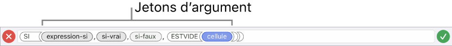 Éditeur de formules affichant une fonction avec des jetons d’argument.