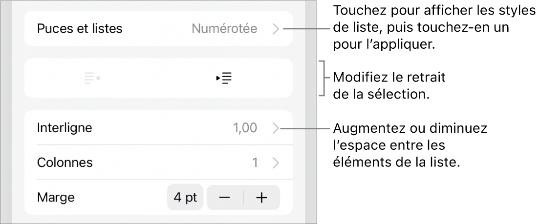La section Puces et listes des commandes Format avec des légendes indiquant le menu Puces et listes, les boutons de retrait ou de suppression du retrait, et les commandes d’interligne.