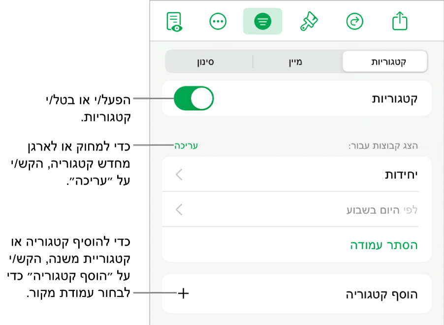 התפריט ״קטגוריות״ ב-iPad עם אפשרויות לביטול קטגוריות, מחיקת קטגוריות, סידור מחדש של נתונים בקבוצות, הסתרת עמודת מקור והוספת קטגוריות.