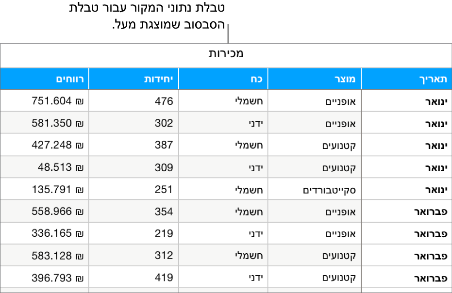 טבלה עם נתוני המקור, שבה רואים את מספר היחידות שנמכרו ואת הרווחים ממכירת אופניים, קטנועים וסקייטבורדים, לפי חודש וסוג המוצר (רגיל או חשמלי).