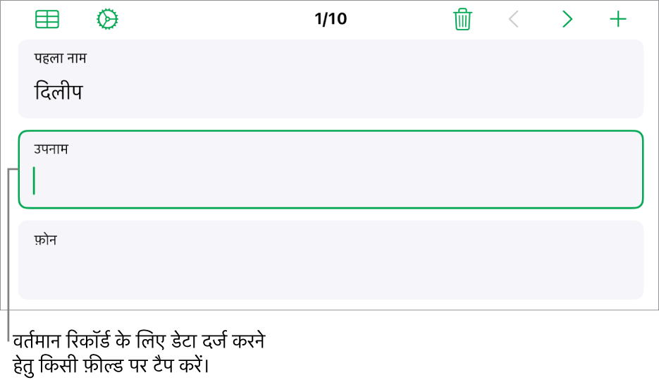 सम्मिलन बिंदु के साथ सक्रिय फ़ील्ड दिखाता हुआ फ़ॉर्म में मौजूद रिकॉर्ड।