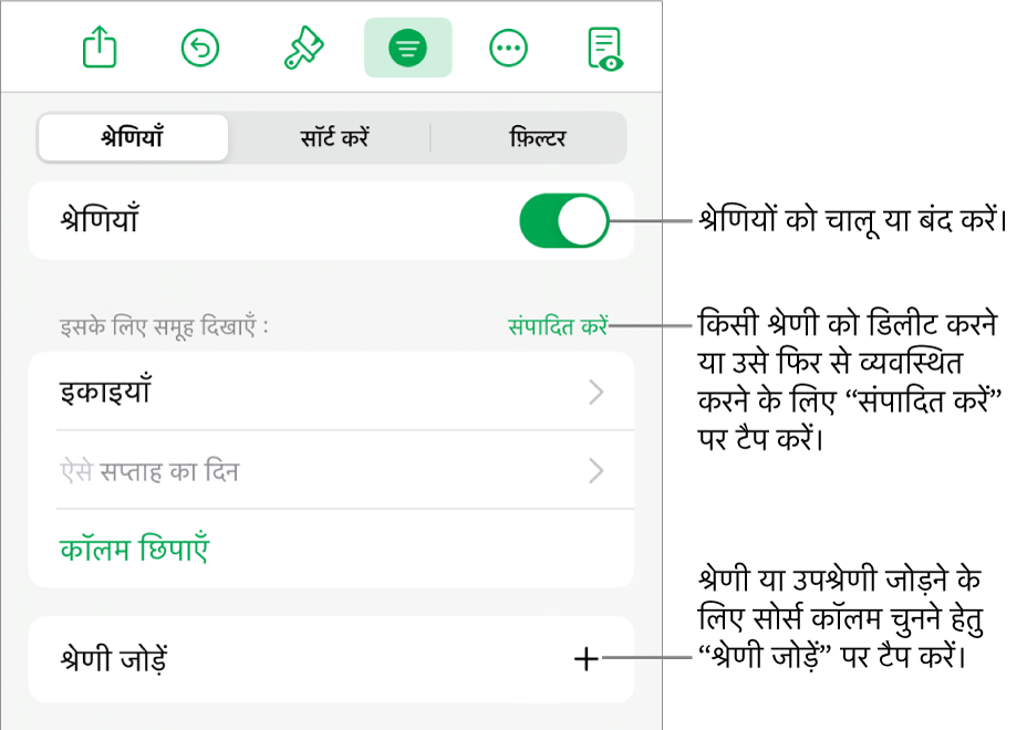 श्रेणियाँ बंद करने, श्रेणियाँ डिलीट करने, डेटा को फिर से समूह में डालने, सोर्स कॉलम छिपाने और श्रेणियाँ जोड़ने के विकल्पों के साथ iPad के लिए श्रेणी मेनू।