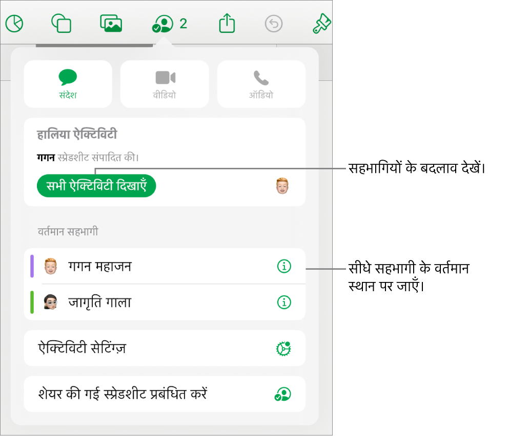 सहयोग मेनू जिसमें वर्तमान सहभागी सूचीबद्ध हैं।